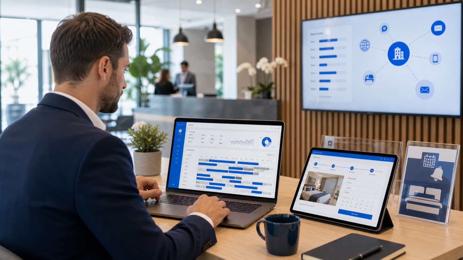 Hotelmanager prüft Channel Manager und Booking Engine Prozesse auf mehreren Bildschirmen
