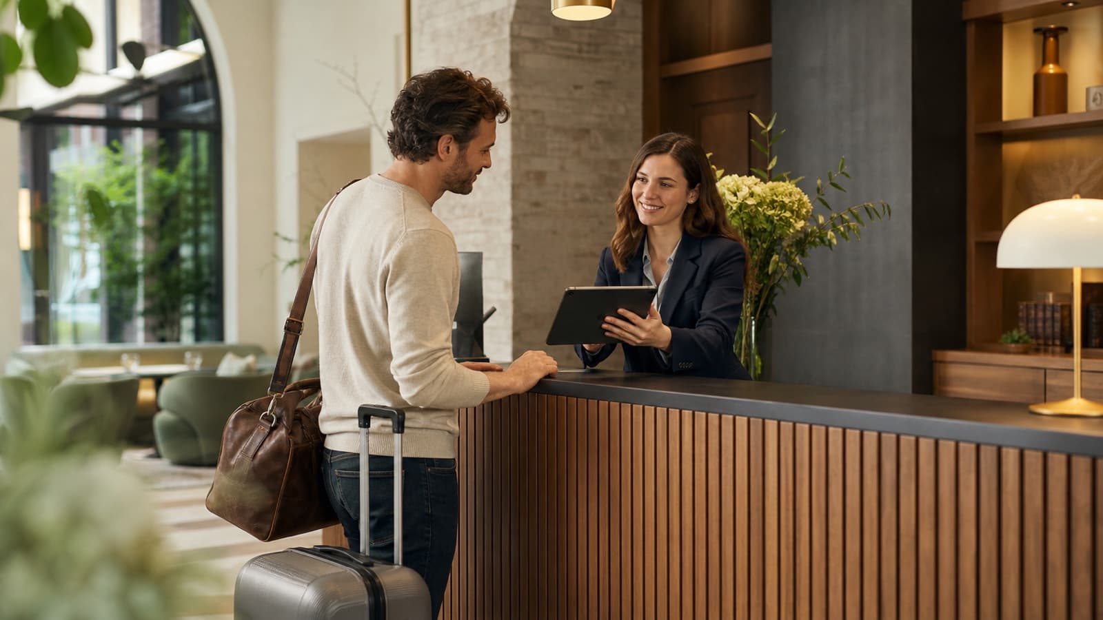 Front desk associate assisting a hotel guest with digital check-in on a tablet