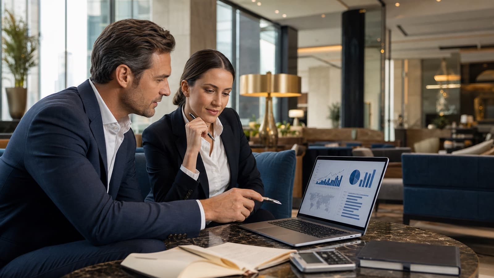 Hotel management team analyzing ADR, RevPAR, and occupancy on a laptop