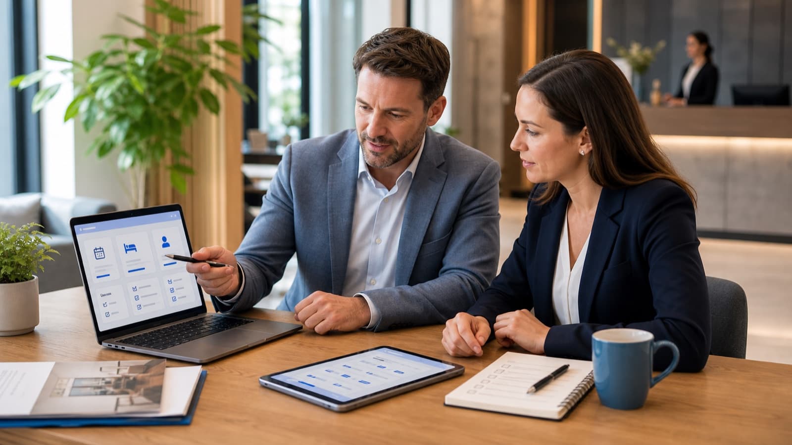 Hotelteam vergleicht Hotelsoftware auf Laptop und Tablet in einem modernen Hotelbüro