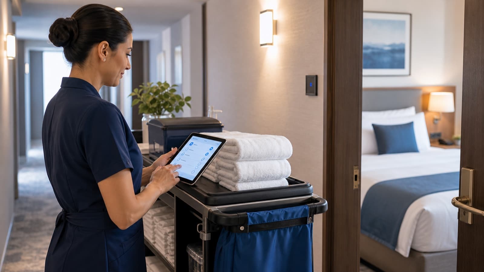 Housekeeping-Mitarbeiterin aktualisiert Zimmerstatus per Tablet im Hotel
