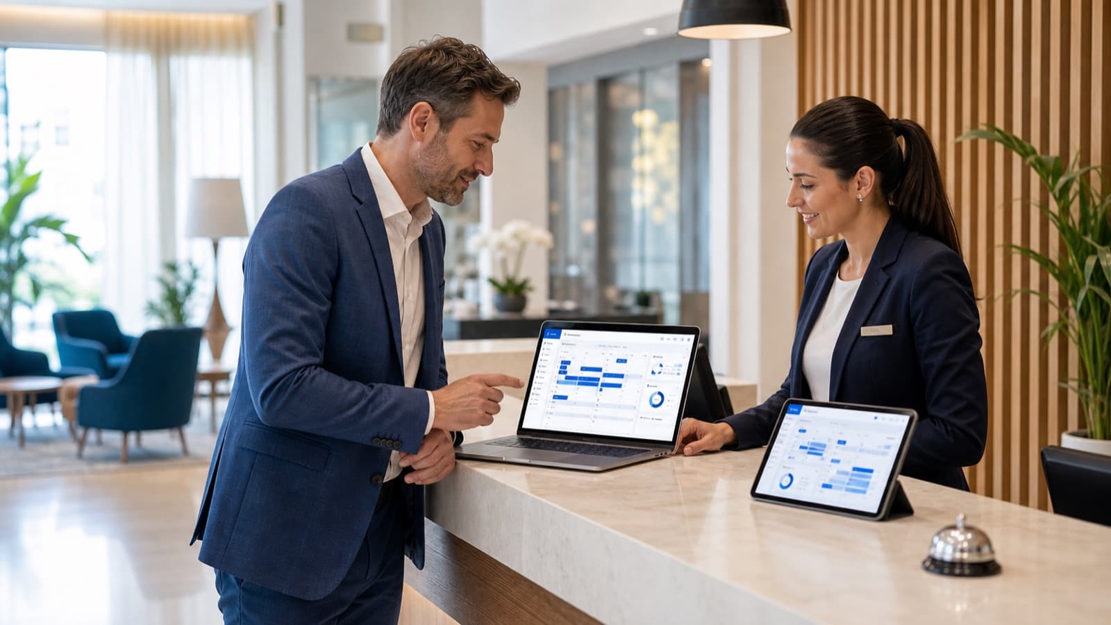 Hotelmanager und Rezeptionistin betrachten ein PMS-Dashboard an der Hotelrezeption
