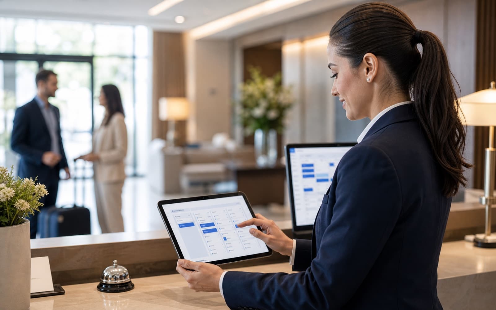 Hotelmitarbeiterin nutzt PMSLogic Funktionen auf einem Tablet an der Rezeption