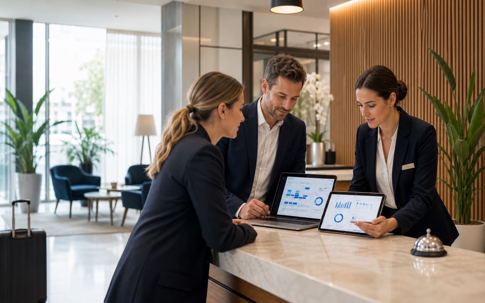 Hotelteam bespricht digitale Hotelprozesse mit PMSLogic auf Laptop und Tablet