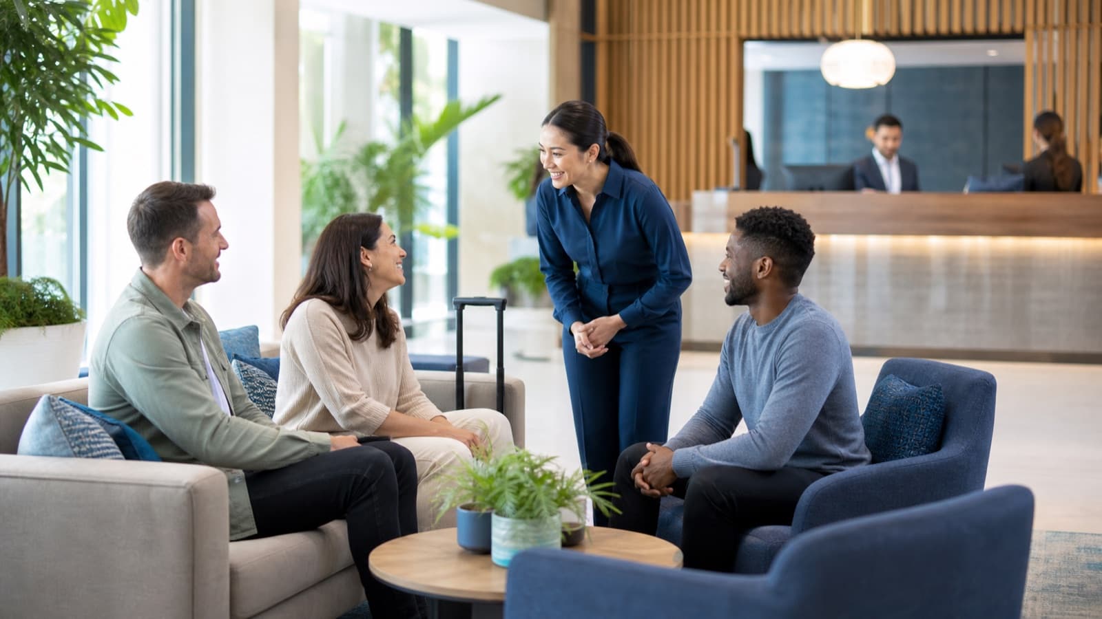 Hotelgäste in einer hellen Lobby mit persönlichem Service