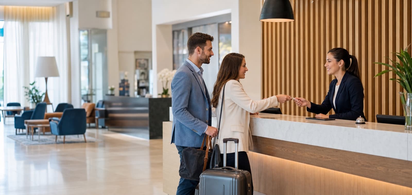 Moderne Hotelrezeption mit Check-in-Situation und Gästen