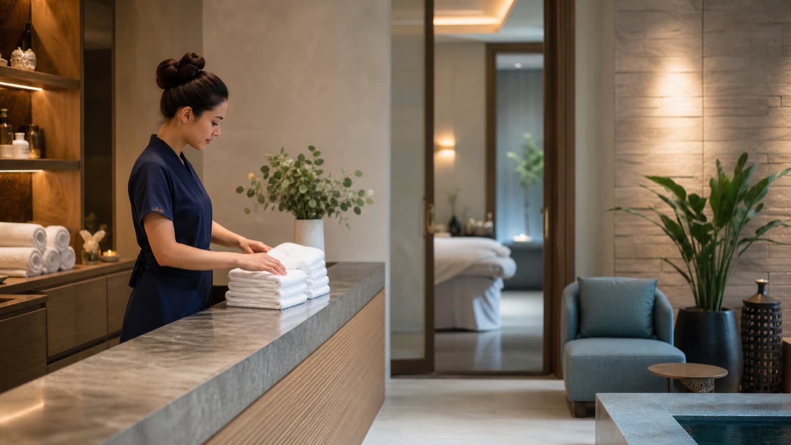 Wellness- und Spa-Bereich eines Hotels mit vorbereiteten Handtüchern